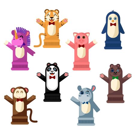 Cartoon Color Hand Puppets Icons Set Include of Bear, Pig and Tiger. Vector illustration of Iconのイラスト素材