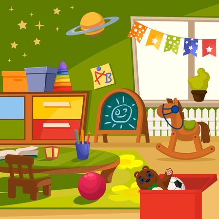 Cartoon Color Kindergarten Interior Inside Concept Flat Design Style Include of Toy, Table, Chair, Cube and Carpet . Vector illustrationのイラスト素材