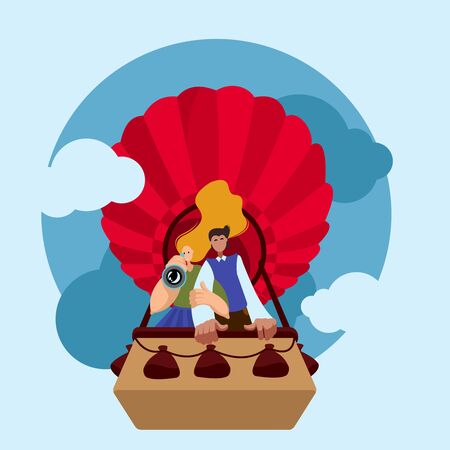 Cartoon Color Characters People Hiring Air Balloon Concept Flat Design Style Symbol of Travel and Adventure. Vector illustrationのイラスト素材