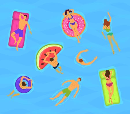Cartoon Color Characters People Swimming Floating in Water Concept Flat Design Style Symbol of Relax. Vector illustrationのイラスト素材