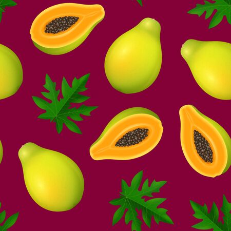 Realistic 3d Detailed Papaya with Half Seamless Pattern Background. Vectorのイラスト素材