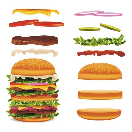 Realistic Detailed 3d Burger with Elements Set. Vectorのイラスト素材