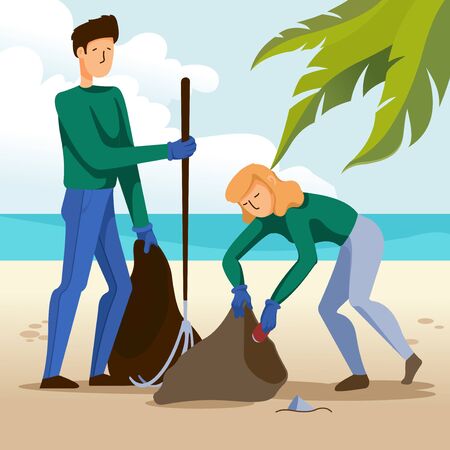 Cartoon Color Characters People and Cleaning Garbage on Beach Concept. Vectorのイラスト素材