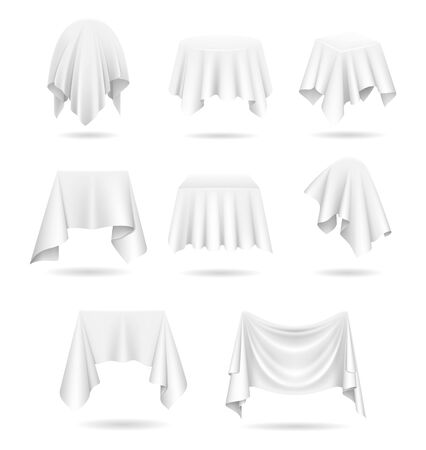 Realistic Detailed 3d Objects Covered White Blank Cloth Set. Vectorのイラスト素材