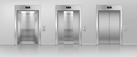 Realistic Detailed 3d Metal Passenger Elevator Set. Vectorのイラスト素材
