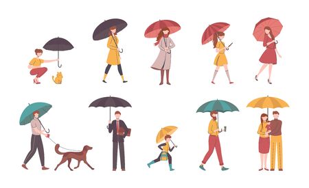 Cartoon Color Characters People Holding Umbrella Set. Vectorのイラスト素材
