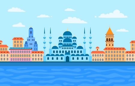 Cartoon Color View Istanbul Landscape Scene Concept. Vectorのイラスト素材