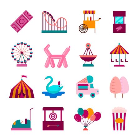 Cartoon Color Amusement Park on Summer Fair Festival Elements Set. Vectorのイラスト素材