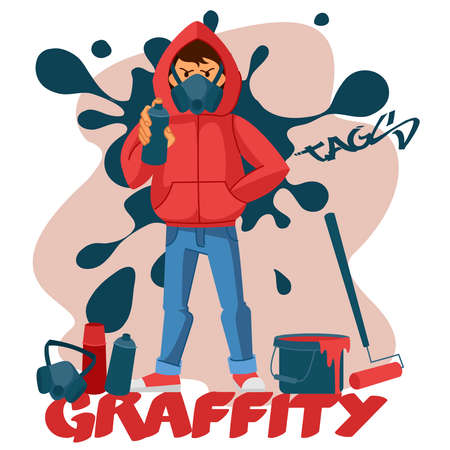 Cartoon Color Character Person Male Graffiti Artist Concept Flat Design Style Include of Paint Spray and Bucket. Vector illustrationのイラスト素材