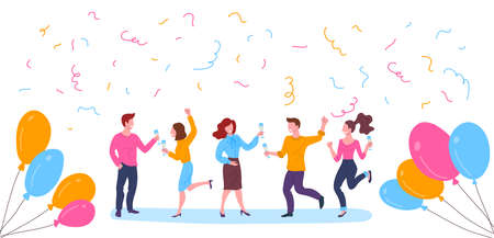 Cartoon Color Characters People and Party Celebration with Friends Concept Flat Design Style Include of Balloon and Confetti. Vector illustrationのイラスト素材