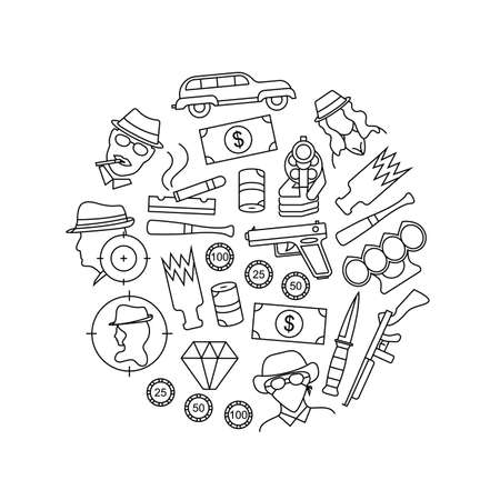 Mafia and Gangster Signs Black Thin Line Round Design Template Banner. Vectorのイラスト素材