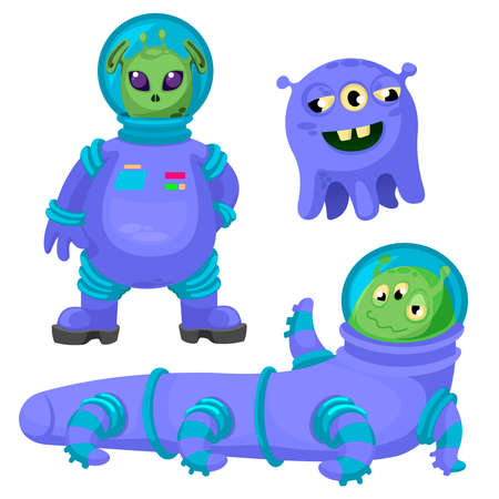 Cartoon Color Different Funny Aliens Icons Set Flat Design Style Symbol of Extraterrestrial. Vector illustration of Icon Alienのイラスト素材