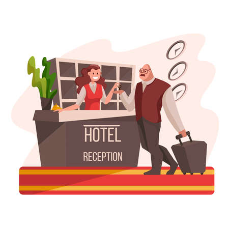 Cartoon Color Characters People Hotel Reception with Female Manager Tourism Concept Flat Design Style. Vector illustrationのイラスト素材