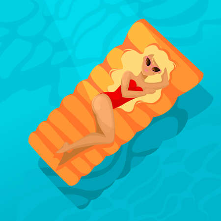 Cartoon Color Character Person Woman Rest in Pool Concept Flat Design Style Summertime Relax or Holiday. Vector illustrationのイラスト素材