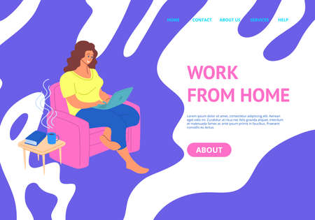 Freelance, Make Money at Home Concept Card Landing Web Page Template Include of Woman and Computer. Vector illustrationのイラスト素材