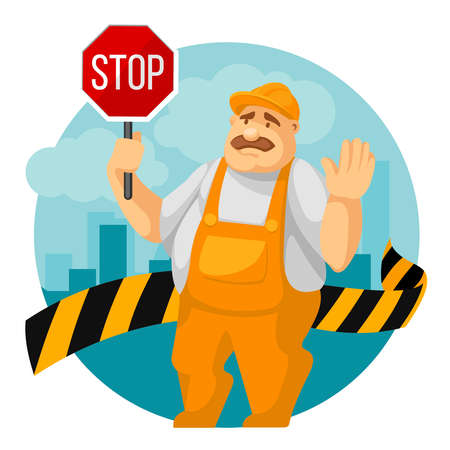 Cartoon Color Character Person Male Builder Holding Stop Sign Concept Concept Flat Design Style Symbol of Danger. Vector illustrationのイラスト素材