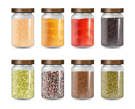 Realistic Detailed 3d Herbs Spices Jars Set. Vectorのイラスト素材