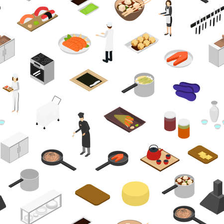 Restaurant Cooking Concept Seamless Pattern Background 3d Isometric View. Vectorのイラスト素材