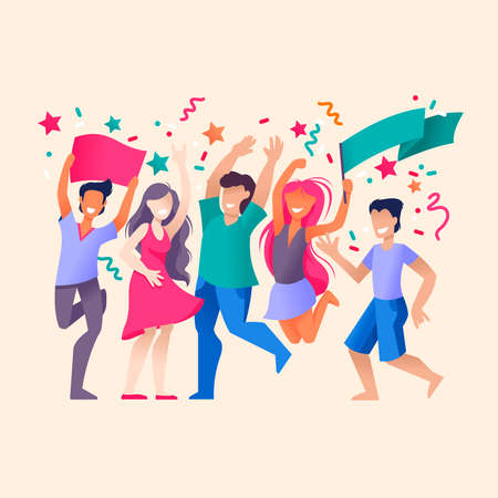 Cartoon Color Characters People Crowd Joyful Concept. Vector