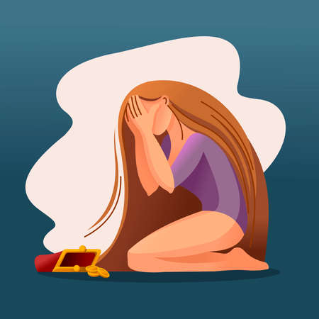 Cartoon Color Character Person Woman and Worrying about Money Concept. Vectorのイラスト素材