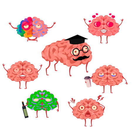 Cartoon Color Brain Emotions Icons Set. Vectorのイラスト素材