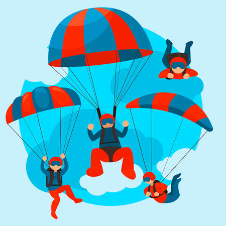 Cartoon Color Characters People Skydivers Flying Concept. Vectorのイラスト素材