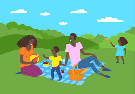 Cartoon Color Characters People African American Family Picnic Concept. Vectorのイラスト素材
