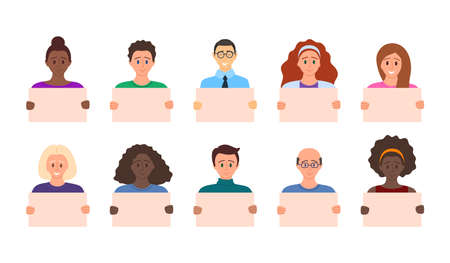 Cartoon Color Characters People Men and Women Holding Clean Placards. Vectorのイラスト素材