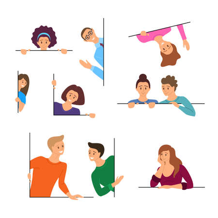 Cartoon Color Characters People Peeking Concept. Vectorのイラスト素材