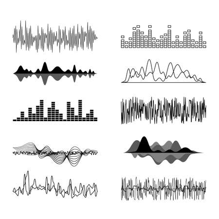 Sound Waves Black Thin Line Icon Set. Vector