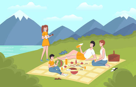 Cartoon Color Characters People Family Relaxing on Picnic Concept. Vectorのイラスト素材