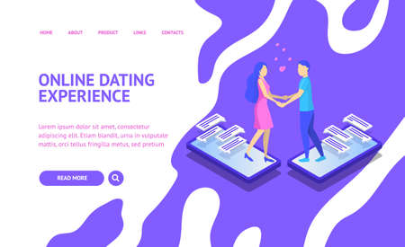 Online Dating and Virtual Communication Concept Landing Web Page 3d Isometric View. Vectorのイラスト素材