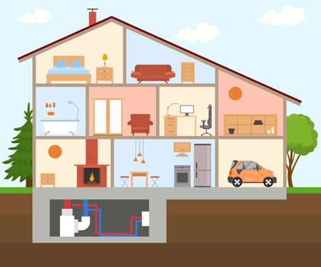 Cartoon Color House Section Building Concept. Vectorのイラスト素材