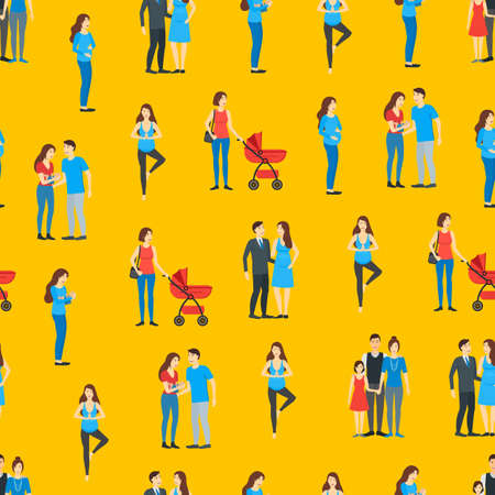 Cartoon Characters Family Pregnancy Parents and Baby Seamless Pattern Background. Vectorのイラスト素材