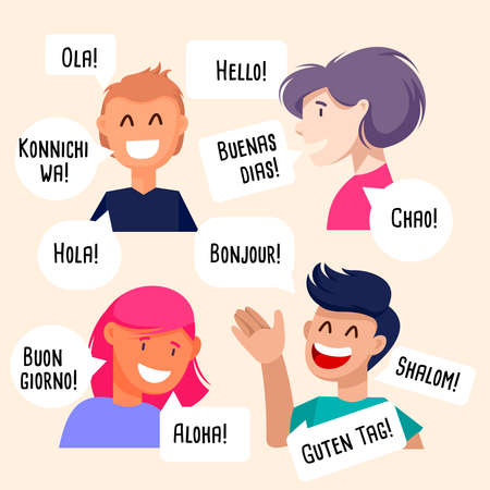 Cartoon Color Characters People Saying Hi Different Language Concept. Vectorのイラスト素材