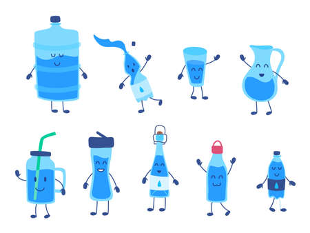 Cartoon Funny Big and Small Bottles Characters Icon Set. Vectorのイラスト素材