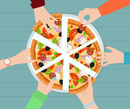 Cartoon Color Human Hands and Slice of Pizza Concept. Vectorのイラスト素材