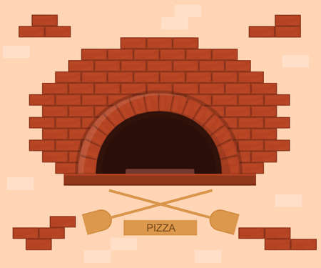 Cartoon Color Pizza Oven with Shovels Concept. Vectorのイラスト素材