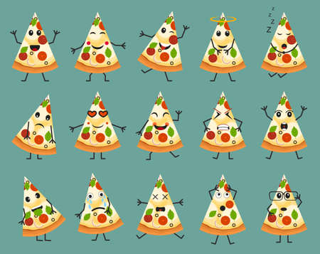 Cartoon Color Pizza Slices Icon Set. Vectorのイラスト素材