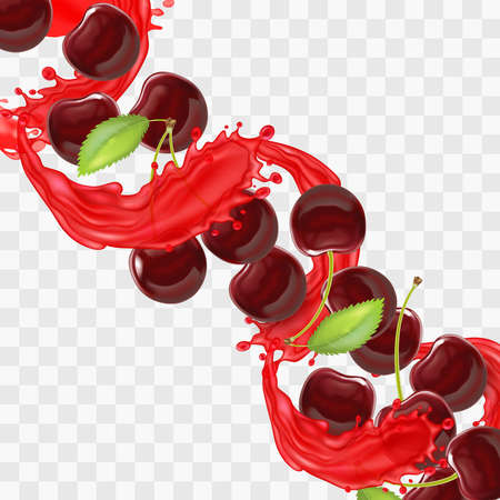 Realistic Detailed 3d Red Cherry Berries with Splash Juice. Vectorのイラスト素材