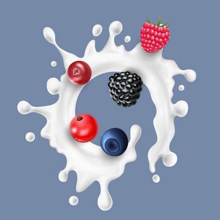 Realistic Detailed 3d Raw Berries with Milk Splash. Vectorのイラスト素材
