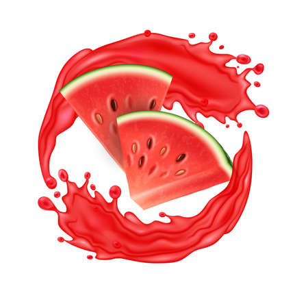 Realistic Detailed 3d Sliced Ripe Red Watermelon with Splash Juice. Vectorのイラスト素材