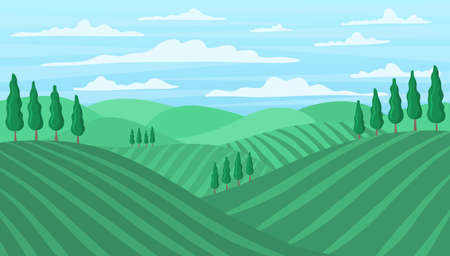 Cartoon Color Tuscan Wine Field Landscape Scene Concept. Vectorのイラスト素材