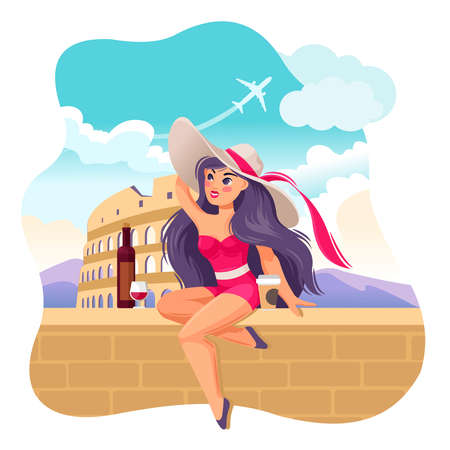 Cartoon Color Character Person Girl Travel Italy Concept. Vectorのイラスト素材
