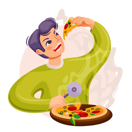 Cartoon Color Character Person Man Eating Pizza Concept. Vectorのイラスト素材