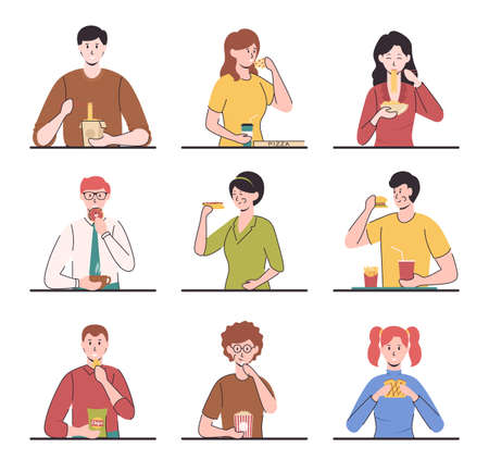 Cartoon Color Characters People Eating Different Meals Concept. Vectorのイラスト素材