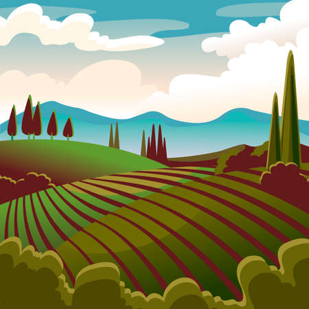 Cartoon Color Rural Landscape Scene Concept. Vectorのイラスト素材