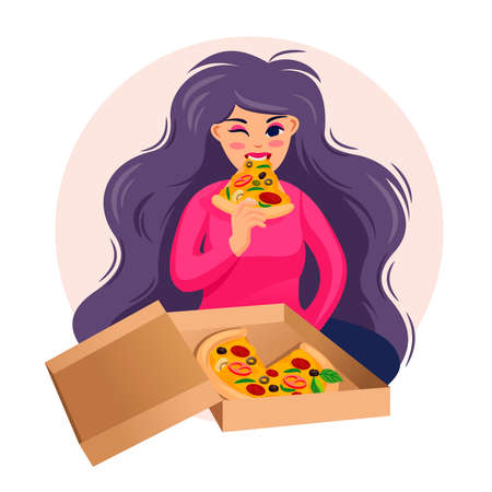 Cartoon Color Character Person Woman Eating Pizza Concept. Vectorのイラスト素材