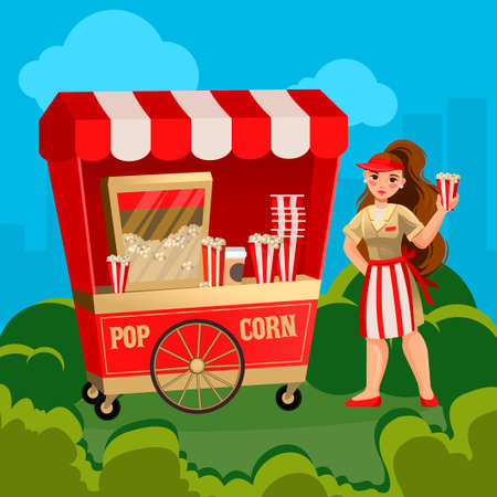 Cartoon Color Character Person Woman Sells Pop Corn Concept. Vectorのイラスト素材