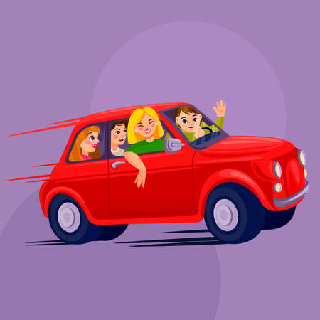 Cartoon Color Characters Group of People Shares Car Concept. Vectorのイラスト素材